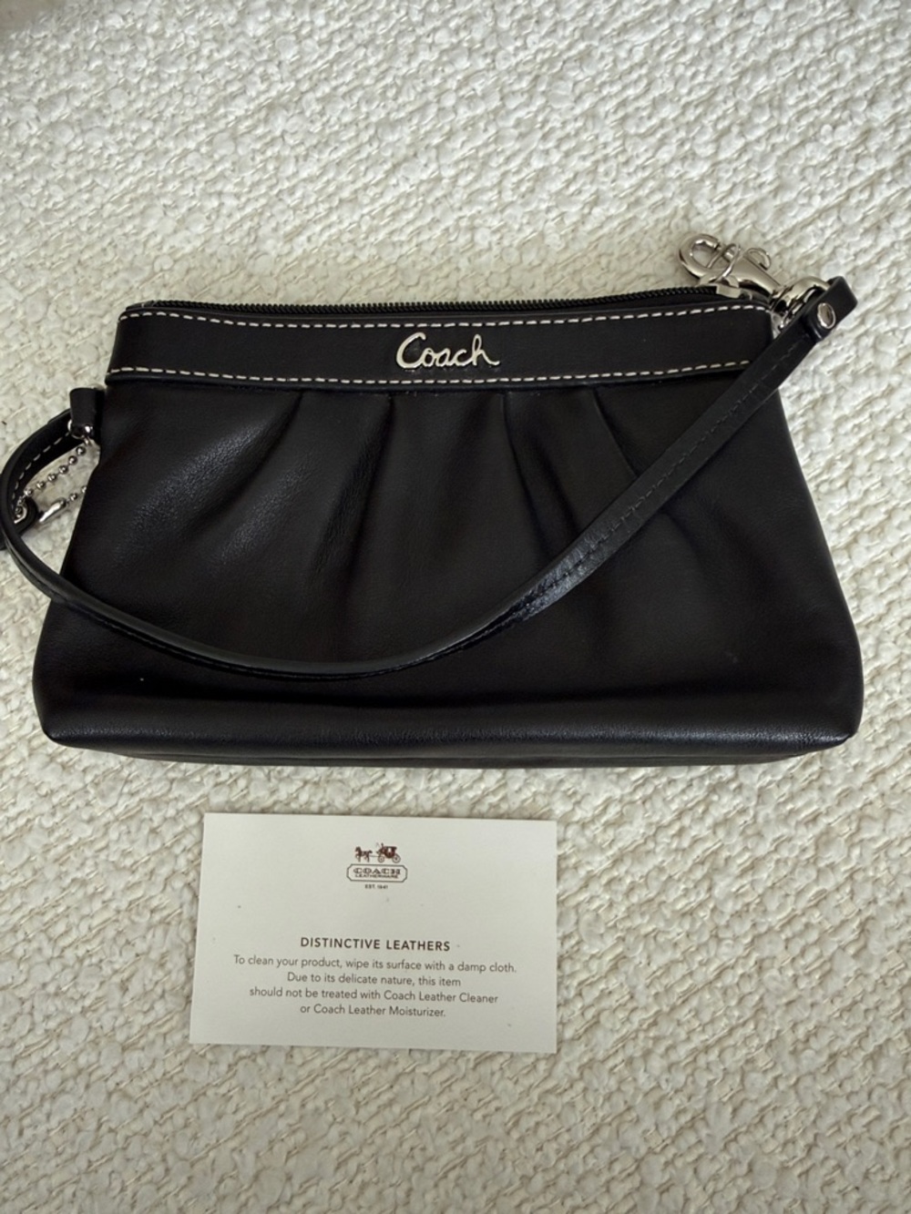 Coach Black Leather Pleated Wristlet with Silver Hardware Retired Style